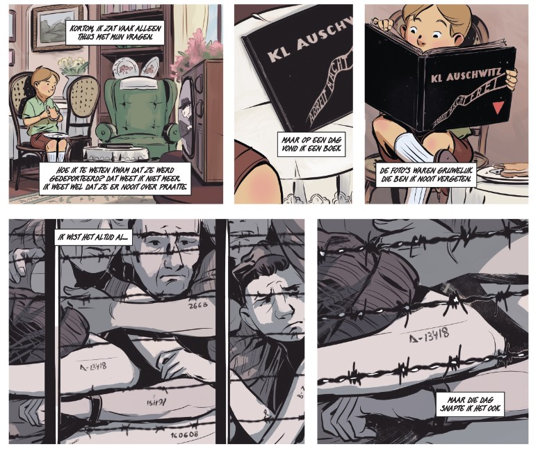 Fragment uit 'Vaarwel Birkenau', een graphic novel over het leven van Ginette Kolinka - overlevende van concentratiekamp Auschwitz
