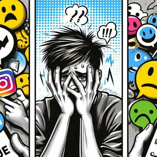 Illustratie van angstig kijkende jongere te midden van app-pictogrammen en smileys. © Bing/Dall-E 3.