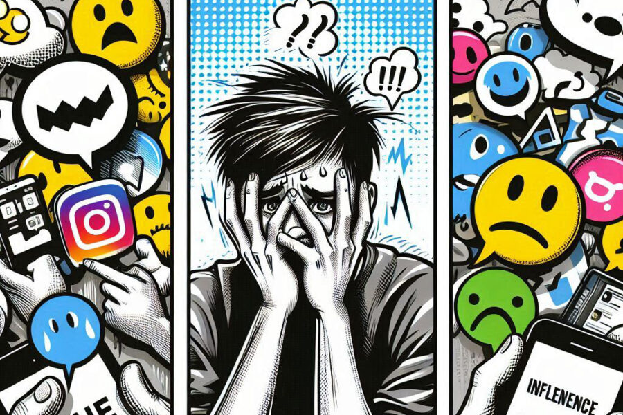 Illustratie van angstig kijkende jongere te midden van app-pictogrammen en smileys. © Bing/Dall-E 3.