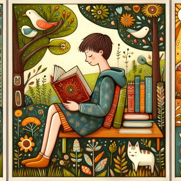 Illustratie van lezende kinderen bij de 70e Kinderboekenweek met als thema 'Lekker eigenwijs'. © Bing/Dall-E 3.